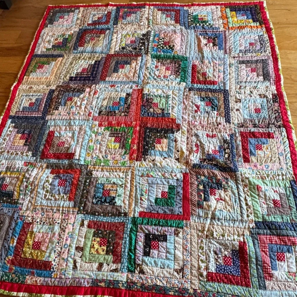 Handsewn Log Cabin Quilt Large Multi Color Vintage Patchwork Cottagecore Rustic